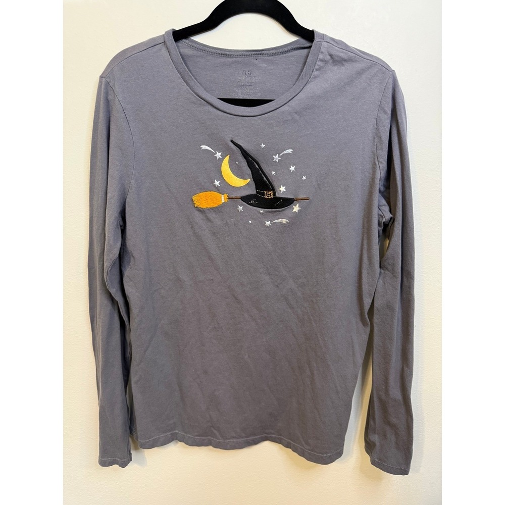 Unbranded Halloween Witch Hat T-Shirt Girls XL/16-18 Grey Good Embroidered Moon